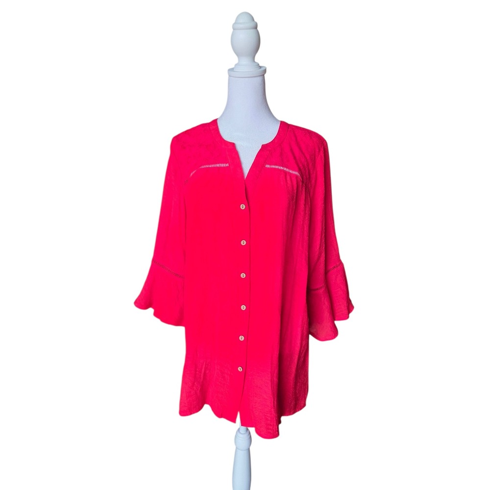Retrology Hot Pink Crinkle Bell Sleeve Tunic Top Lace Detail Size L NWT